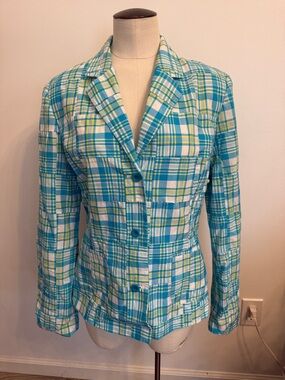 Lilly Pulitzer Blue, White & Green Plaid Tailored Blazer Size Medium